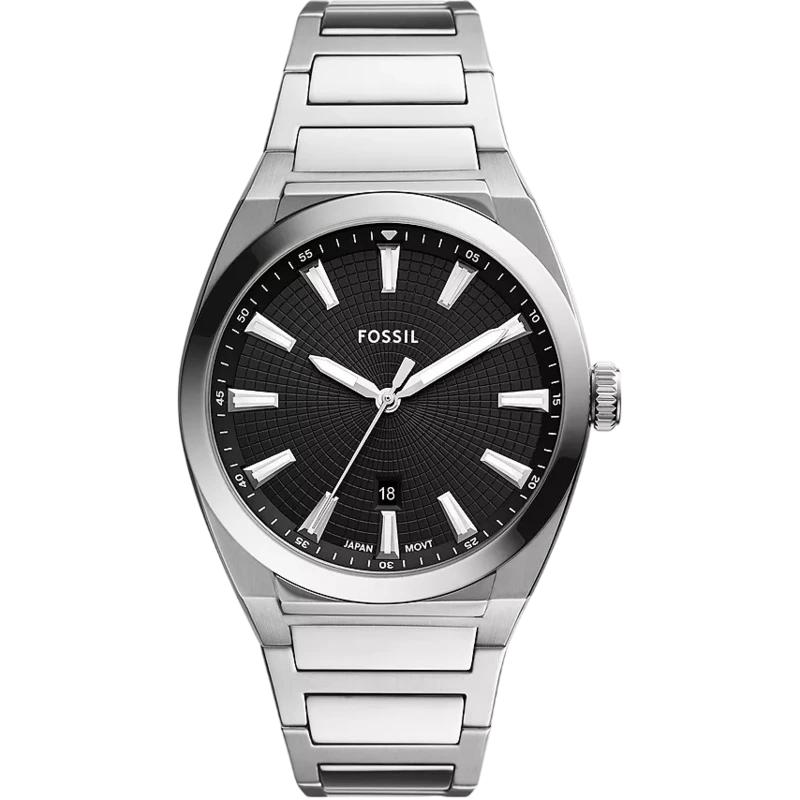 FOSSIL Everett Three‑Hand Date (Black/Steel)